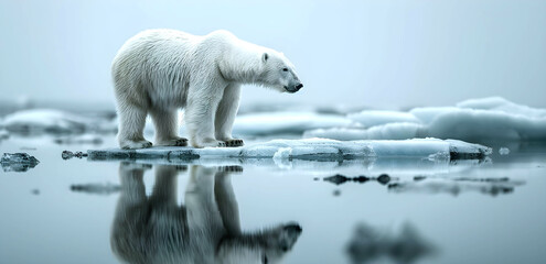 Polar bear on ice floe, reflection in the arctic sea, melting icebergs, polar environment. Symbol of climate change, global warming. Ice bears are threatened with starvation. Ice and permafrost melts.