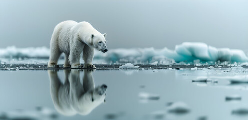 Polar bear on ice floe, reflection in the arctic sea, melting icebergs, polar environment. Symbol of climate change, global warming. Ice bears are threatened with starvation. Ice and permafrost melts.