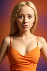 Naklejka premium Young blonde woman in orange dress against orange background