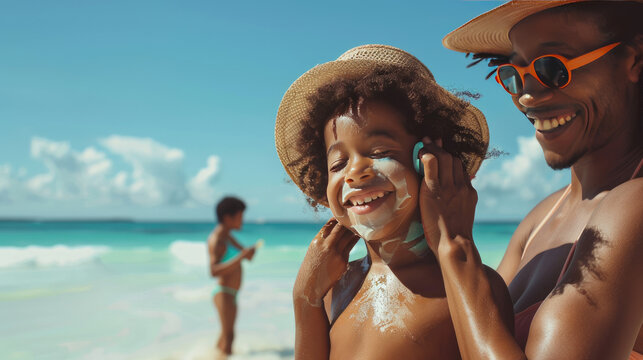 A Happy Family With A Child Putting On Sunscreen At A Sunny Beach, Enjoying Vacation Time Together.