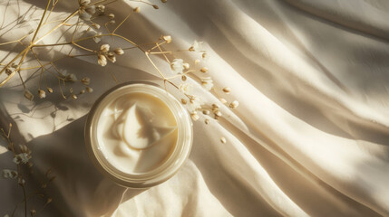 A jar of cosmetic cream on a wrinkled linen fabric in a tranquil, natural light setting, evoking a serene mood