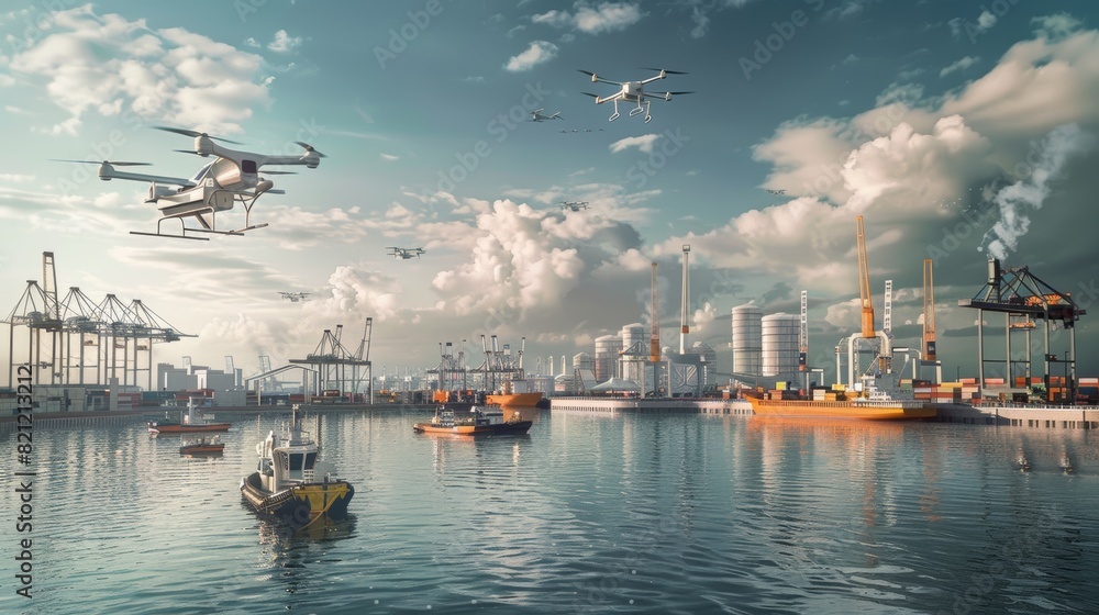 Poster futuristic logistics hub with automated cranes and drones handling cargo - envisioning the future of