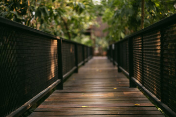 A wooden walkway with a black metal fence