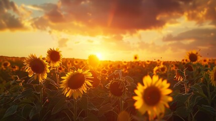 Sunflower field with a dramatic sunset casting warm hues over the scene.