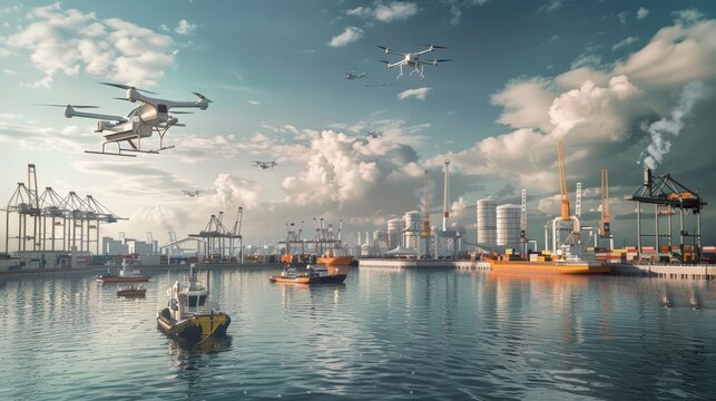 Futuristic Logistics Hub with Automated Cranes and Drones Handling Cargo - Envisioning the Future of Global Trade