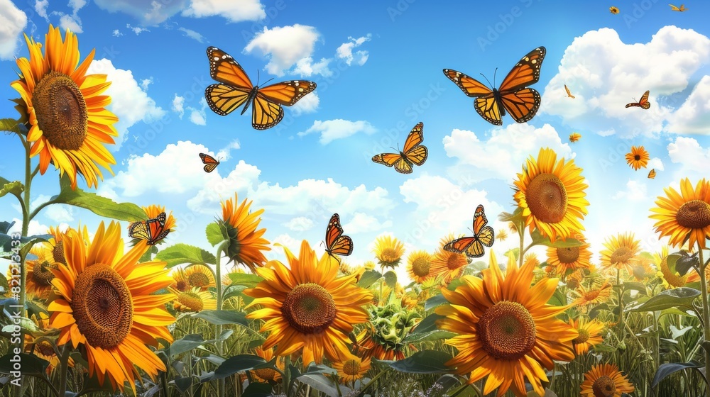 Poster sunflower field with butterflies fluttering around the blooms.