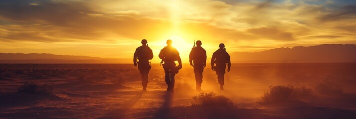 Silhouettes of military personnel walking in the desert at sunset, evoking themes of mission and camaraderie