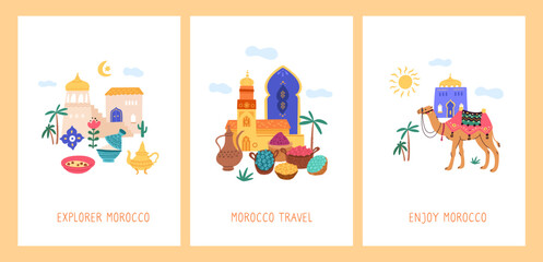 Fototapeta premium Morocco travel cards. Hot country. Touristic landmarks and traditional elements. National cuisine and architecture. Ancient palaces. Oriental bazaar. Bedouins camel. Garish vector set