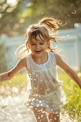 Kids running through a sprinkler in a backyard, laughing and having fun, bright sunny day with green grass and a white picket fence, joyful and carefree moment, copy space