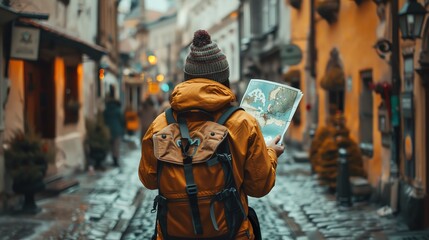 Solo traveler with a map and camera exploring narrow cobblestone streets of an old European town, historic buildings and local culture, sense of discovery, copy space