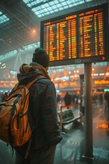 Fototapeta premium Traveler at an airport terminal, looking at the departure board with a suitcase by their side, anticipation of the journey ahead, modern and bustling environment, copy space