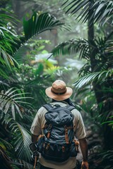 Traveler with a camera hiking through a dense rainforest