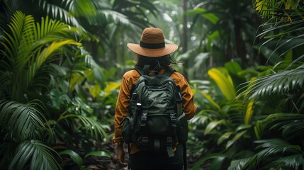 Traveler with a camera hiking through a dense rainforest