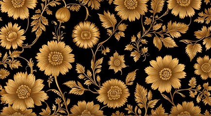 Golden floral pattern on black background, adding elegance and sophistication to any space.