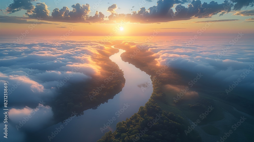 Poster angle aerial view of the winding river is lined with clouds and mist. there is the morning sun and a