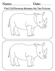 Rhino Puzzle. Printable Activity Page for Kids. Educational Resources for School for Kids. Kids Activity Worksheet. Find Differences Between 2 Shapes