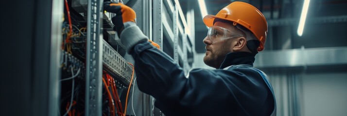 A professional with a hard hat is fixing or maintaining network equipment in a modern data center