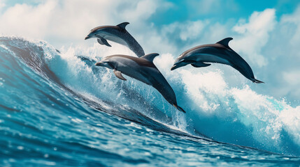 Fototapeta premium Playful Dolphins Leaping Through Ocean Waves in Natural Habitat