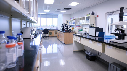 A modern laboratory with microscopes, test tubes, and scientific equipment suggesting research and experiments in a clean and advanced setting.