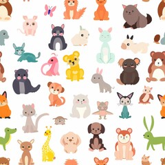Fototapeta premium cute animals,flat vector style, seamless overlay image, pattern