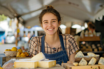 Young woman in apron at market stall, smiling, with cheeses displayed, sunny day, outdoor market, rustic feel