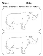 Rhino Puzzle. Printable Activity Page for Kids. Educational Resources for School for Kids. Kids Activity Worksheet. Find Differences Between 2 Shapes