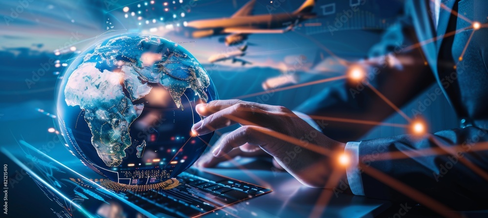 Poster advanced logistics technology with digital globe and global shipping data for coordinated supply cha