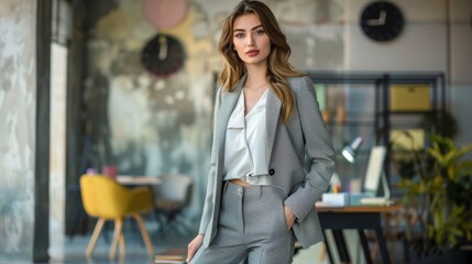 Young professional woman in a stylish suit posing confidently in a modern office, suitable for business promotions