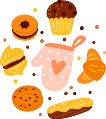 Bakery card. Tasty confectionery. Pastry baking. Cake or cookie. Food products. Chef mitten. Meringue or pancake. Chocolate biscuit preparing. Baked muffin. Vector dough dessert cooking