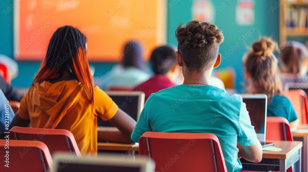 Poster young students seated at individual desks in a classroom, engaged in learning and class activities.