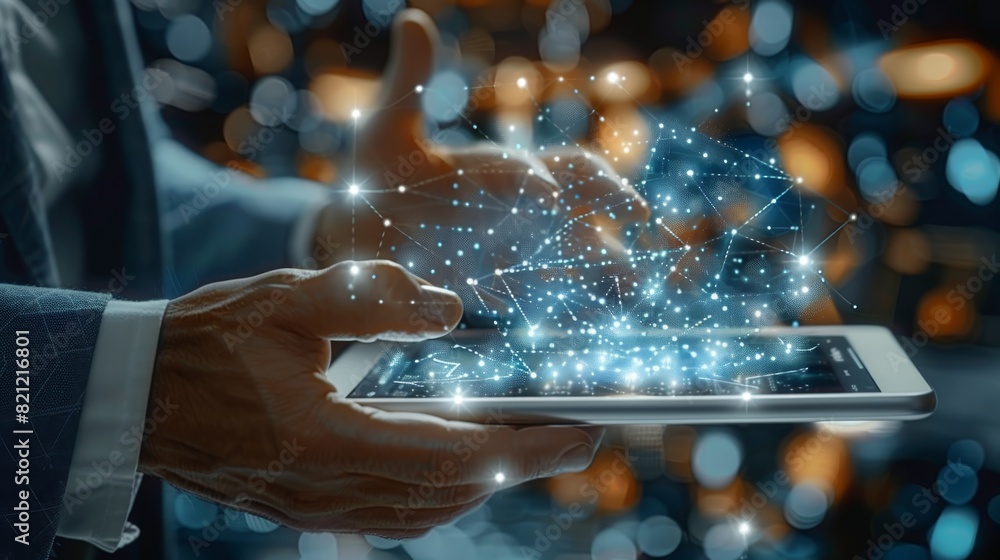 Leinwandbilder A businessman holding a tablet and looking at a virtual blockchain network with data fields floating around him. A close up shoot of hands and tablet. Generative AI.