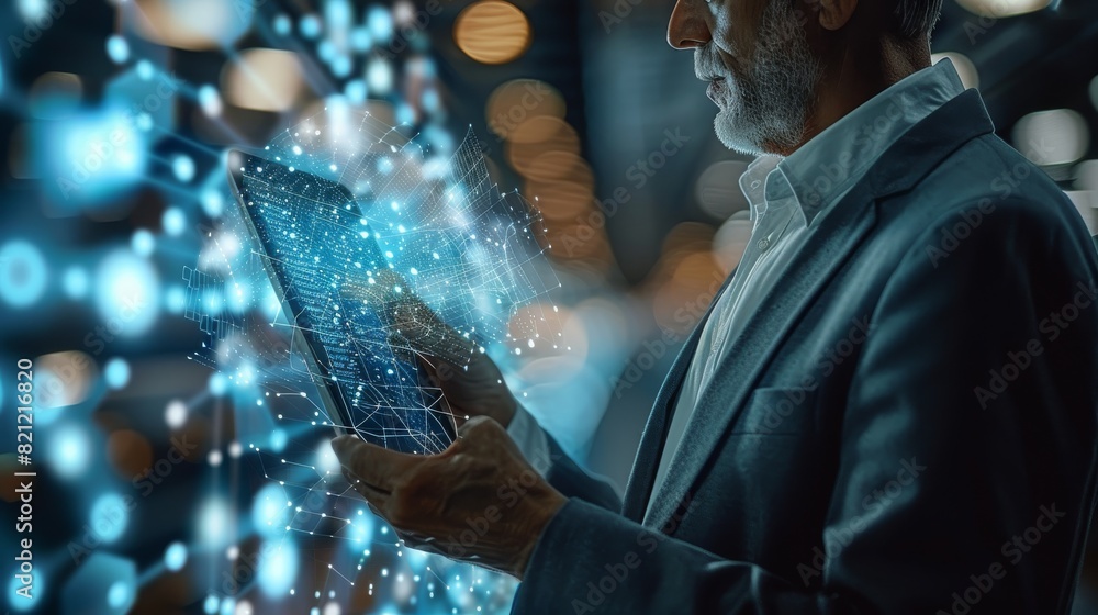 Poster A businessman holding a tablet and looking at a virtual blockchain network with data fields floating around him. A close up shoot of hands and tablet. Generative AI.