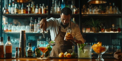 Obraz premium A bartender expertly crafts a cocktail, with a blurred array of liquor bottles providing a colorful backdrop