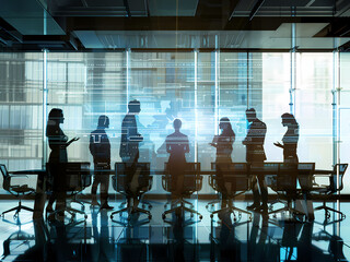 AI-Generated image A group of people are sitting in a conference room with a large window in the background. The room is filled with chairs and a table. The people are all looking at a computer screen