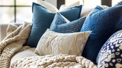 Blue and beige color combination of pillows and blankets to create a soft and relaxing color palette generative ai