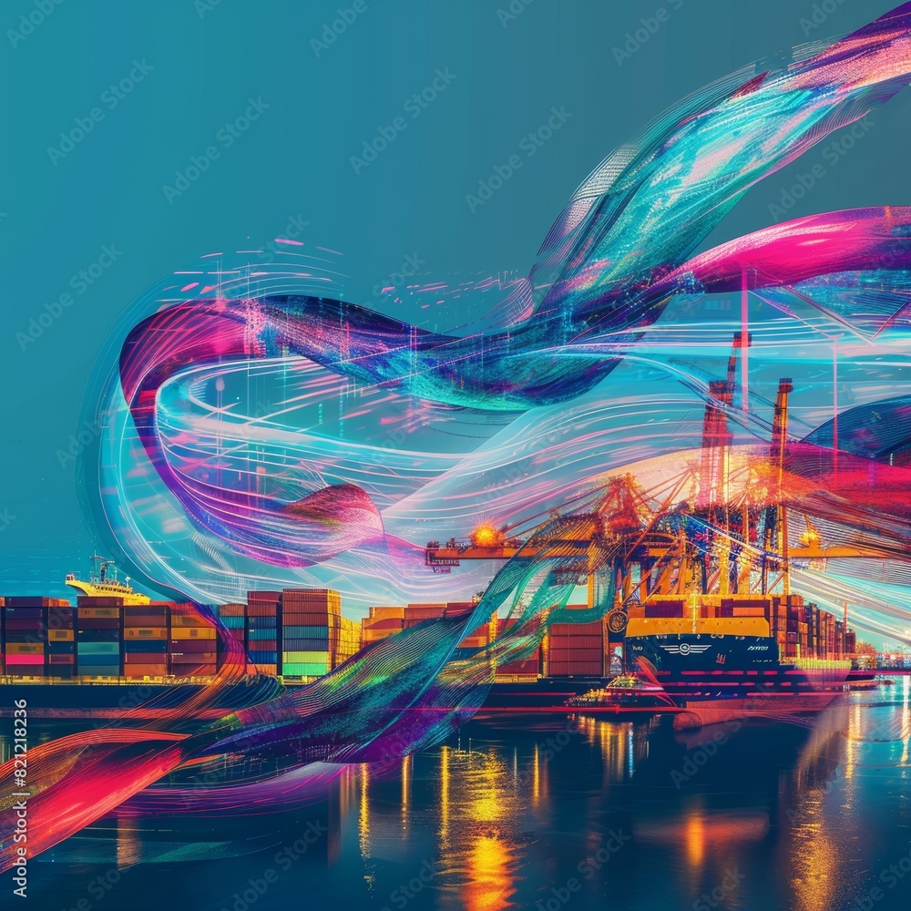 Poster abstract representation of global trade flows using fluid, ribbon like forms - illustration of inter