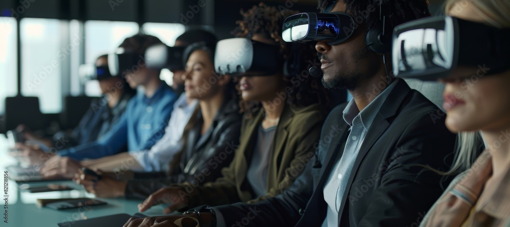 Poster virtual reality contract signing in a high-tech environment - futuristic technology concept for glob