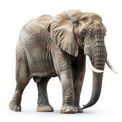a large elephant with tusks walking on a white surface