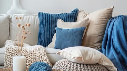 Blue and beige color combination of pillows and blankets to create a soft and relaxing color palette generative ai