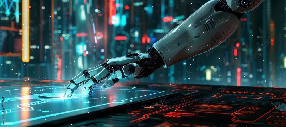 Poster futuristic contract signing with ai technology - robotic hand in high-tech environment
