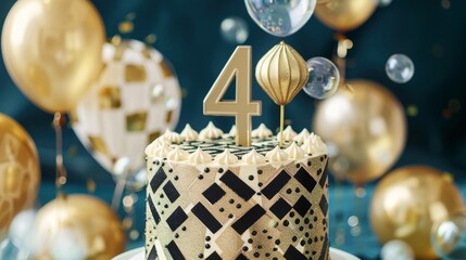 Art Deco Birthday Cake with Gold and Black Geometric Patterns and Number 4 Topper, Champagne Bubble Backdrop