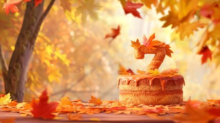 Autumn Birthday Banner with Pumpkin Spice Cake, Number 7, and Fall Foliage for Seasonal Celebrations