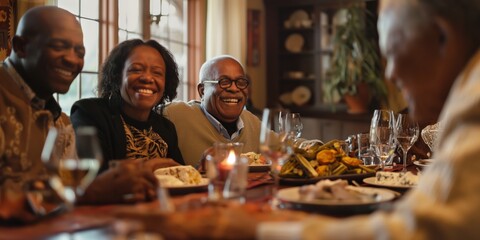 An intimate capture of a family laughing and enjoying a meal around a table, warmly lit by candles