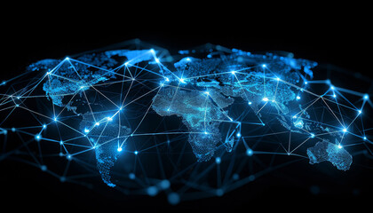 A blue and white image of the world with many lines connecting it by AI generated image