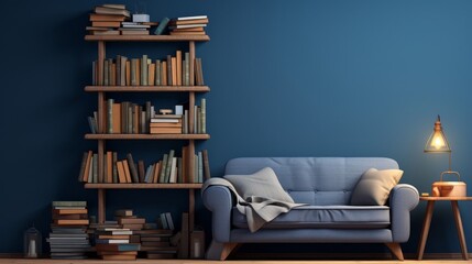 a living room with a blue couch and bookshelf