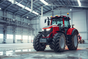 Red farm tractor in a large empty hangar with space for text or inscriptions, agro background
