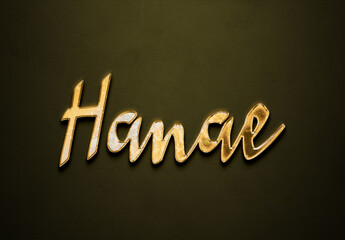 Old gold text effect of Japanese name Hanae with 3D glossy style Mockup.