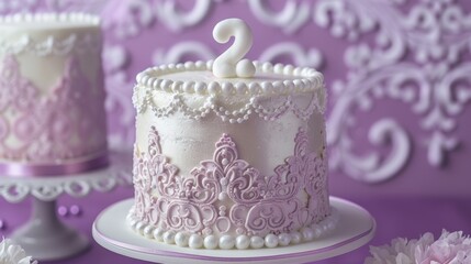 Elegant Second Birthday Cake with Pearls and Lace Design on Lavender Background - Perfect for Birthday Celebrations and Invitations