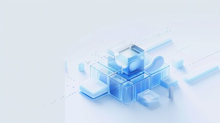 Fototapeta premium data service, blue, frostedglass, white clean background, isometric 3D, cold light, Blender, industrial design
