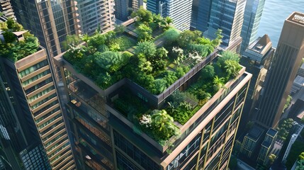 Obraz premium Skyscrapers Adorned with Green Rooftops A Vision of Sustainable Urban Architecture